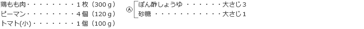 鶏もも肉：１枚（300ｇ）
ピーマン：４個（120ｇ）
トマト(小)：１個（100ｇ）
Ⓐ
　ぽん酢しょうゆ：大さじ３
　砂糖：大さじ１