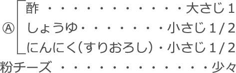 Ⓐ
　酢：大さじ1
　しょうゆ：小さじ１/２
　にんにく（すりおろし）：小さじ１/２
粉チーズ：少々