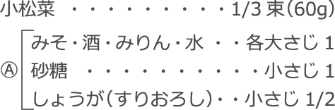 小松菜：1/3束（60g）
A　みそ・酒・みりん・水：各大さじ1
　 砂糖：小さじ1
　 しょうが（すりおろし）：小さじ1/2