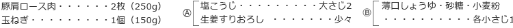 豚肩ロース肉　2枚（250g）
玉ねぎ　1個（150g）
A
塩こうじ　大さじ2
生姜すりおろし　少々
B
薄口しょうゆ・砂糖・小麦粉　各小さじ1