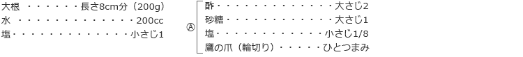 大根　長さ8cm分（200g）
水　200cc
塩　小さじ1

A
酢　大さじ2
砂糖　大さじ1
塩　小さじ1/8
鷹の爪（輪切り）　ひとつまみ