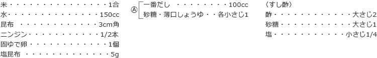 米　1合
水　150cc
昆布　3cm角
ニンジン　1/2本
固ゆで卵　1個
塩昆布　5g

A
一番だし　100cc
砂糖・薄口しょうゆ　各小さじ1

〈すし酢〉
酢　大さじ2
砂糖　大さじ1
塩　小さじ1/4