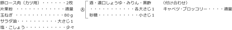 豚ロース肉（カツ用）　2枚
片栗粉　 適量
玉ねぎ　80ｇ
サラダ油　大さじ１
塩・こしょう 　少々

A
酒・濃口しょうゆ・みりん・黒酢　各大さじ１
砂糖　小さじ１

〈付け合わせ〉キャベツ・ブロッコリー　適量