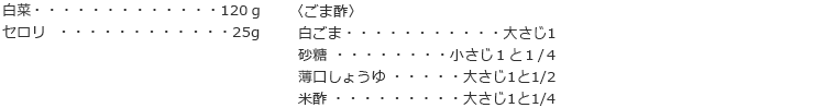 白菜　120ｇ
セロリ　25g

〈ごま酢〉
白ごま　大さじ1
砂糖　小さじ１と１/４
薄口しょうゆ　大さじ1と1/2
米酢　大さじ1と1/4