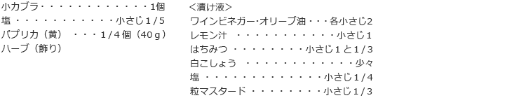 小カブラ　1個
塩　小さじ１/５
パプリカ（黄）　１/４個（40ｇ）
ハーブ（飾り）

＜漬け液＞
ワインビネガー・オリーブ油　各小さじ2
レモン汁　小さじ１
はちみつ　小さじ１と１/３
白こしょう　少々
塩　小さじ１/４
粒マスタード　小さじ１/３