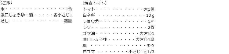 〈ご飯〉
米　1合
濃口しょうゆ・酒　各小さじ1
だし　適量

〈焼きトマト〉
トマト　大1個
白ネギ　10ｇ
ショウガ　1片
シソ　2枚
ゴマ油　大さじ1
濃口しょうゆ　大さじ1弱
塩　少々
白ゴマ　小さじ1と1/3
