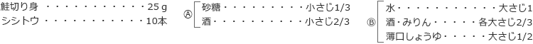 鮭切り身　25ｇ
シシトウ　10本

A
砂糖　小さじ1/3
酒　小さじ2/3

B
水　大さじ1
酒・みりん　各大さじ2/3
薄口しょうゆ　大さじ1/2