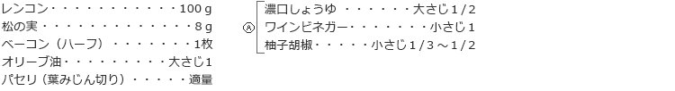 レンコン　100ｇ
松の実　8ｇ
ベーコン（ハーフ）　1枚
オリーブ油　大さじ１
パセリ（葉みじん切り）　適量
A
濃口しょうゆ　大さじ１/２
ワインビネガー　小さじ１
柚子胡椒　小さじ１/３～１/２