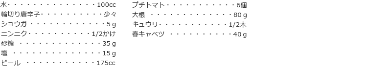 水　100cc
輪切り唐辛子　少々
ショウガ　5ｇ
ニンニク　1/2かけ
砂糖　35ｇ
塩　15ｇ
ビール　175cc

プチトマト　6個
大根　80ｇ
キュウリ　1/2本
春キャベツ　40ｇ
