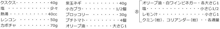 クスクス　40g
塩　少々　
熱湯　40cc
レンコン　50g
カボチャ　70g
紫玉ネギ　40g　
小カブラ　1/2個
ブロッコリー　30g　
プチトマト　4個
オリーブ油　大さじ1

A
オリーブ油・白ワインビネガー 　各大さじ1
塩　小さじ1/2
レモン汁　小さじ1
クミン（粉）、コリアンダー（粉）　各適量