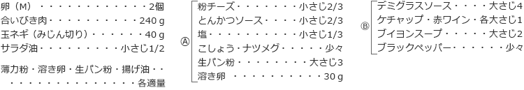 卵（M）　2個
合いびき肉　240ｇ
玉ネギ（みじん切り）　40ｇ
サラダ油　小さじ1/2

A
粉チーズ　小さじ2/3
とんかつソース　小さじ2/3
塩　小さじ1/3
こしょう・ナツメグ　少々
生パン粉　大さじ3
溶き卵　30ｇ

薄力粉・溶き卵・生パン粉・揚げ油　各適量

B
デミグラスソース　大さじ4
ケチャップ・赤ワイン　各大さじ1
ブイヨンスープ　大さじ2
ブラックペッパー　少々