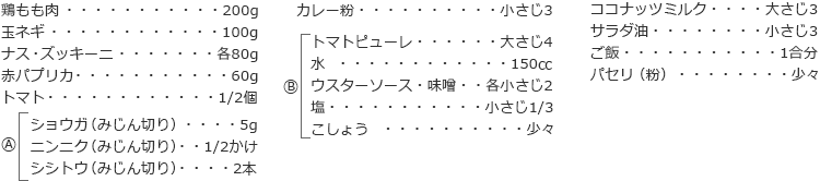 鶏もも肉　200g
玉ネギ　100g
ナス・ズッキーニ　各80g
赤パプリカ　60g
トマト　1/2個　

A
ショウガ（みじん切り）　5g
ニンニク（みじん切り）　1/2かけ
シシトウ（みじん切り）　2本

カレー粉　小さじ3

B
トマトピューレ 大さじ4
水 150㏄
ウスターソース・味噌 各小さじ2
塩 小さじ1/3
こしょう 少々

ココナッツミルク 大さじ3
サラダ油 小さじ3
ご飯 1合分
パセリ（粉）少々