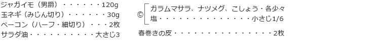 ジャガイモ（男爵） 120g
玉ネギ（みじん切り）　 30g 
ベーコン（ハーフ・細切り） 2枚
サラダ油 大さじ3

C
ガラムマサラ、ナツメグ、こしょう 各少々
塩 小さじ1/6

春巻きの皮 2枚