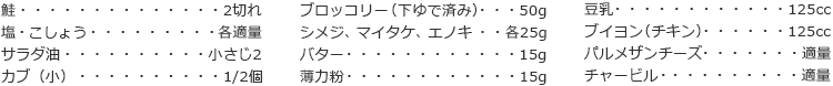 鮭　2切れ
塩・こしょう　各適量
サラダ油　小さじ2
カブ（小）　1/2個
ブロッコリー（下ゆで済み）　50g
シメジ、マイタケ、エノキ　各25g
バター　15g
薄力粉　15g
豆乳　125cc
ブイヨン（チキン）　125cc
パルメザンチーズ　適量
チャービル　適量