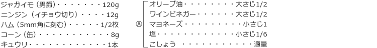 ジャガイモ（男爵）　120g
ニンジン（イチョウ切り）　12g
ハム（5mm角に刻む）　1/2枚
コーン（缶）　8g
キュウリ　1本

A
オリーブ油　大さじ1/2
ワインビネガー　大さじ1/2
マヨネーズ　小さじ1
塩　小さじ1/6
こしょう　適量