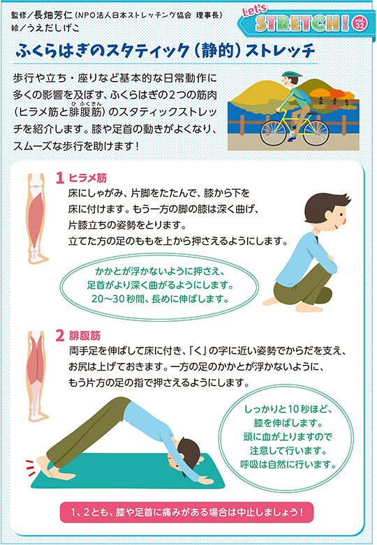 歩行や立ち・座りなど基本的な日常動作に多くの影響を及ぼす、ふくらはぎの2つの筋肉（ヒラメ筋と腓腹筋(ひふくきん)）のスタティックストレッチを紹介します。膝や足首の動きがよくなり、スムーズな歩行を助けます!