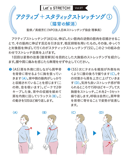 アクティブストレッチング（AS）は、伸ばしたい筋肉の逆側の筋肉を収縮させることで、その筋肉に伸ばす反応を引き出す、相反抑制を用いたもの。その後、ゆっくりと対象筋を伸ばして行くのがスタティックストレッチング（SS）。この2つの組み合わせでストレッチ効果を上げます。1回目は姿勢の改善（猫背解消）を目的とした大胸筋のストレッチングを紹介します。腰や肩に痛みを感じたら無理をせず中止してください。